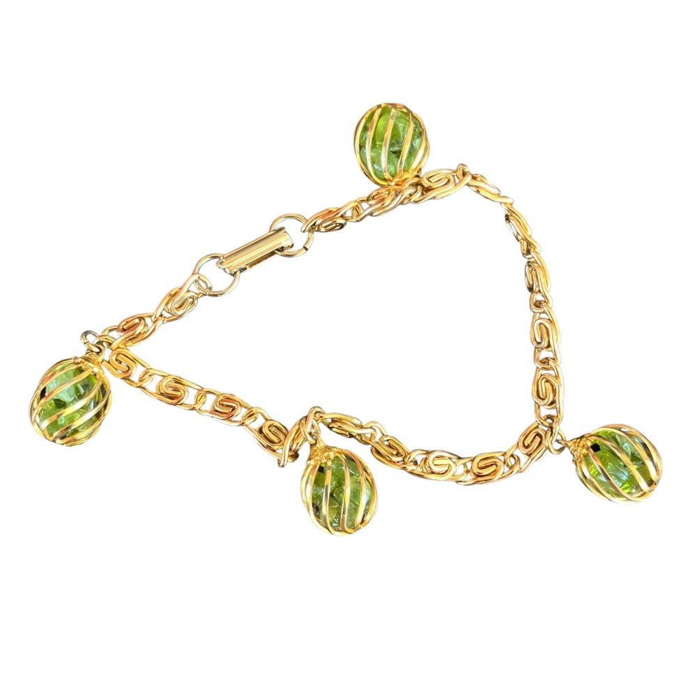 Vintage Gold Tone Peridot Cage Charm Bracelet 8”